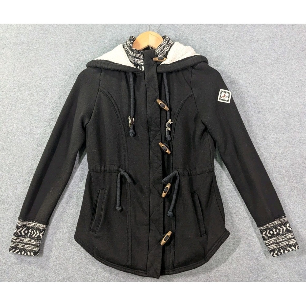 Hollister Womens S Black Sherpa Hooded Toggle Coat Fair Isle Cuff Jacket‎